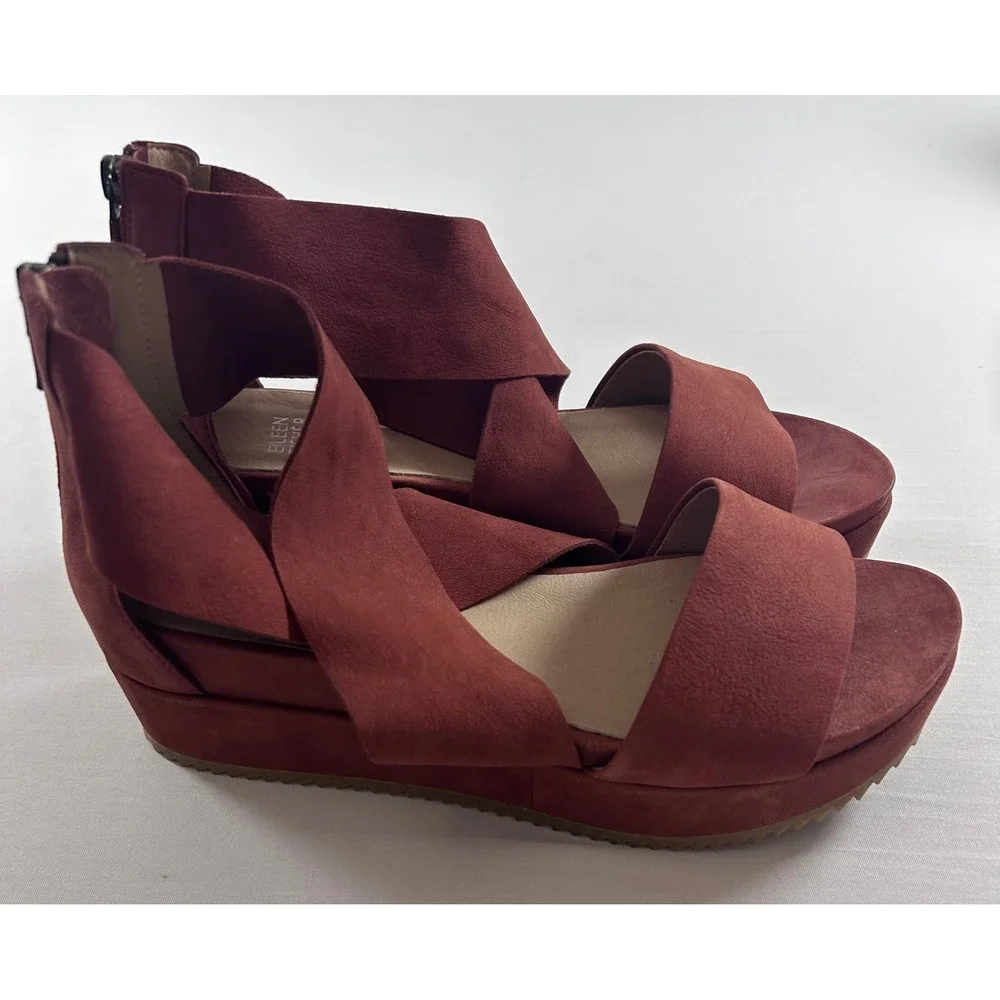Eileen Fisher Elon Platform Wedge Sandals Womens 8.5 Dusty Red Nubuck Leather